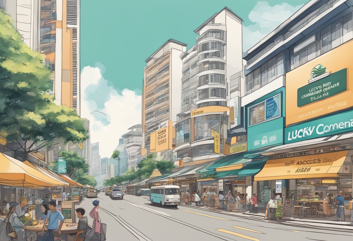 A bustling street with shops and restaurants, surrounded by tall buildings. The sign "Access and Convenience 304 orchard rd lucky plaza singapore 238863" is prominently displayed