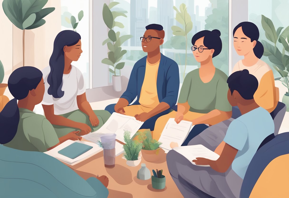 A diverse group of people in Singapore engage in various mental health activities, such as therapy, support groups, and mindfulness exercises