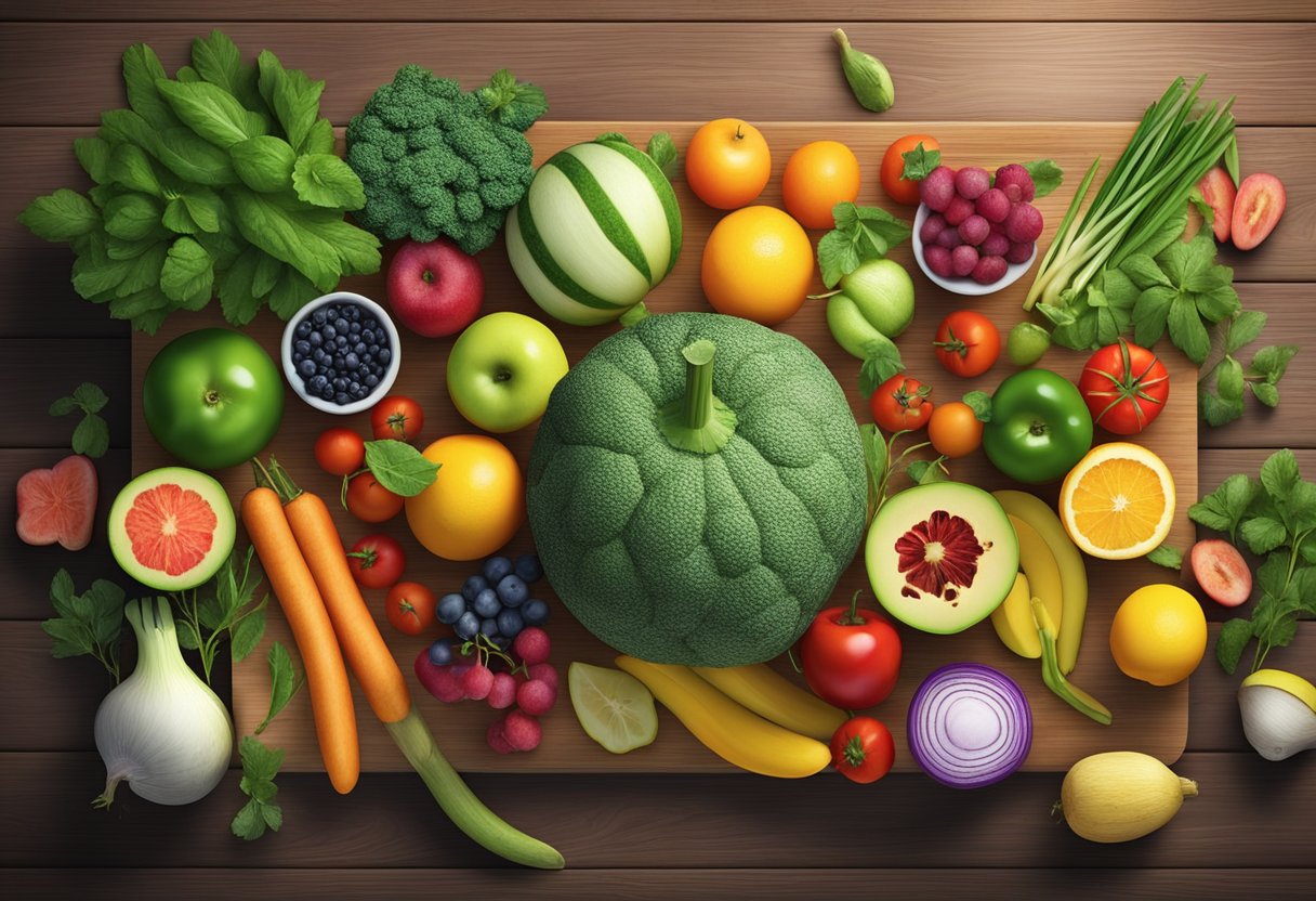 A vibrant array of colorful fruits, vegetables, and herbs arranged on a wooden cutting board, with a mortar and pestle nearby for preparation