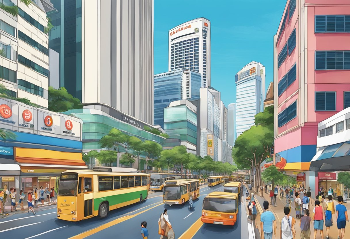 A bustling street in Singapore, with the iconic Lucky Plaza building standing tall amidst the vibrant surroundings of Orchard Road
