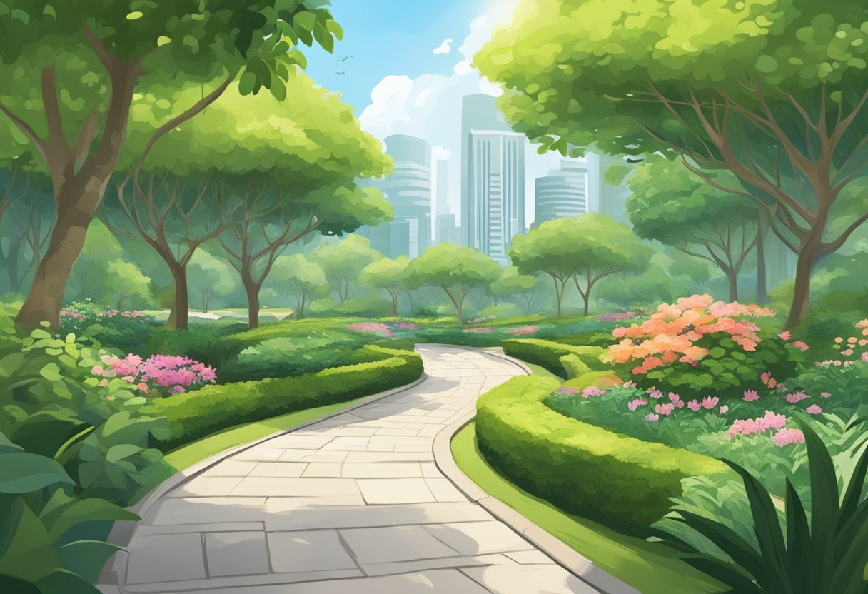 A serene park with a winding path and lush greenery, surrounded by various support buildings and resources for mental health in Singapore