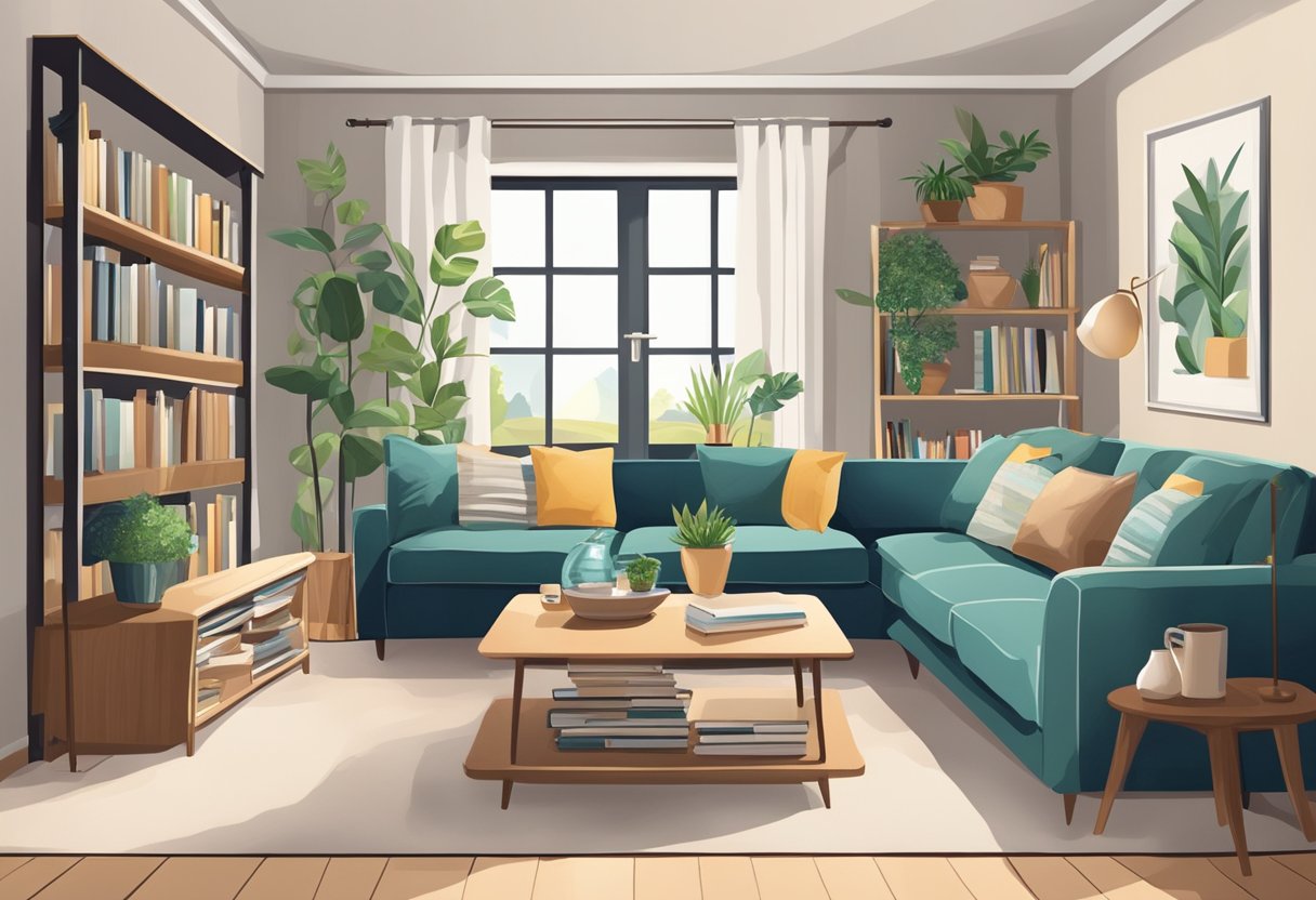 A cozy living room with modern furniture, including a comfortable sofa and a stylish coffee table. A bookshelf filled with books and decorative plants add a homely touch