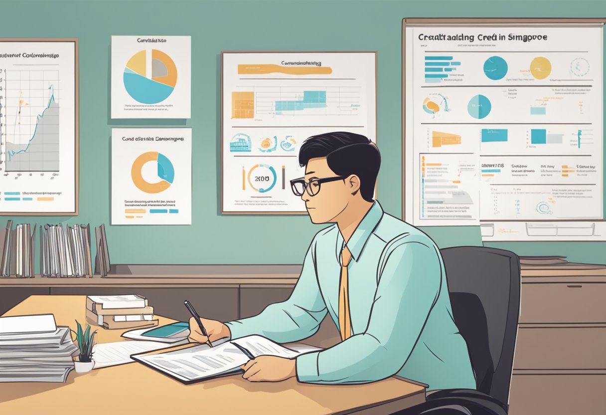 A person sitting at a desk, talking to a credit counselor. Charts and graphs on the wall show financial information. Text on the wall reads "Understanding Credit Counselling in Singapore."