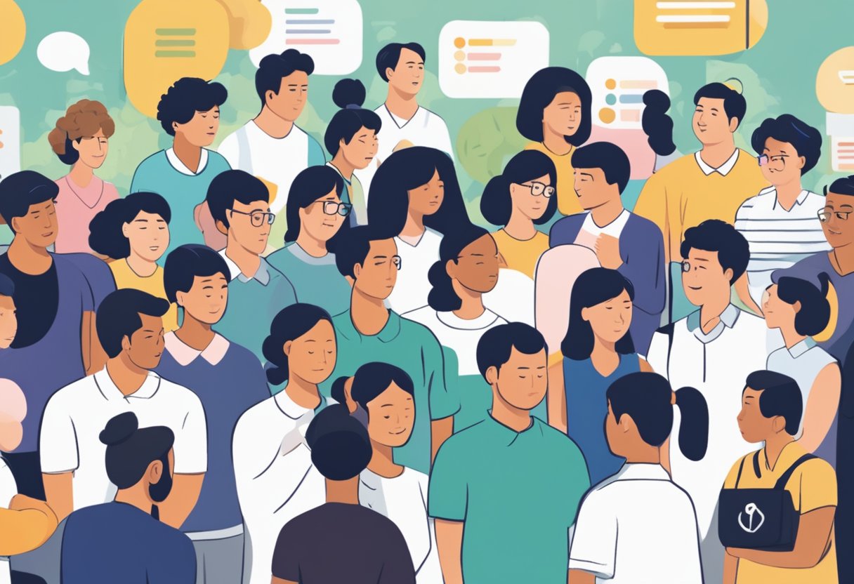 A diverse group of people in Singapore seeking mental health information, gathered around a central FAQ display