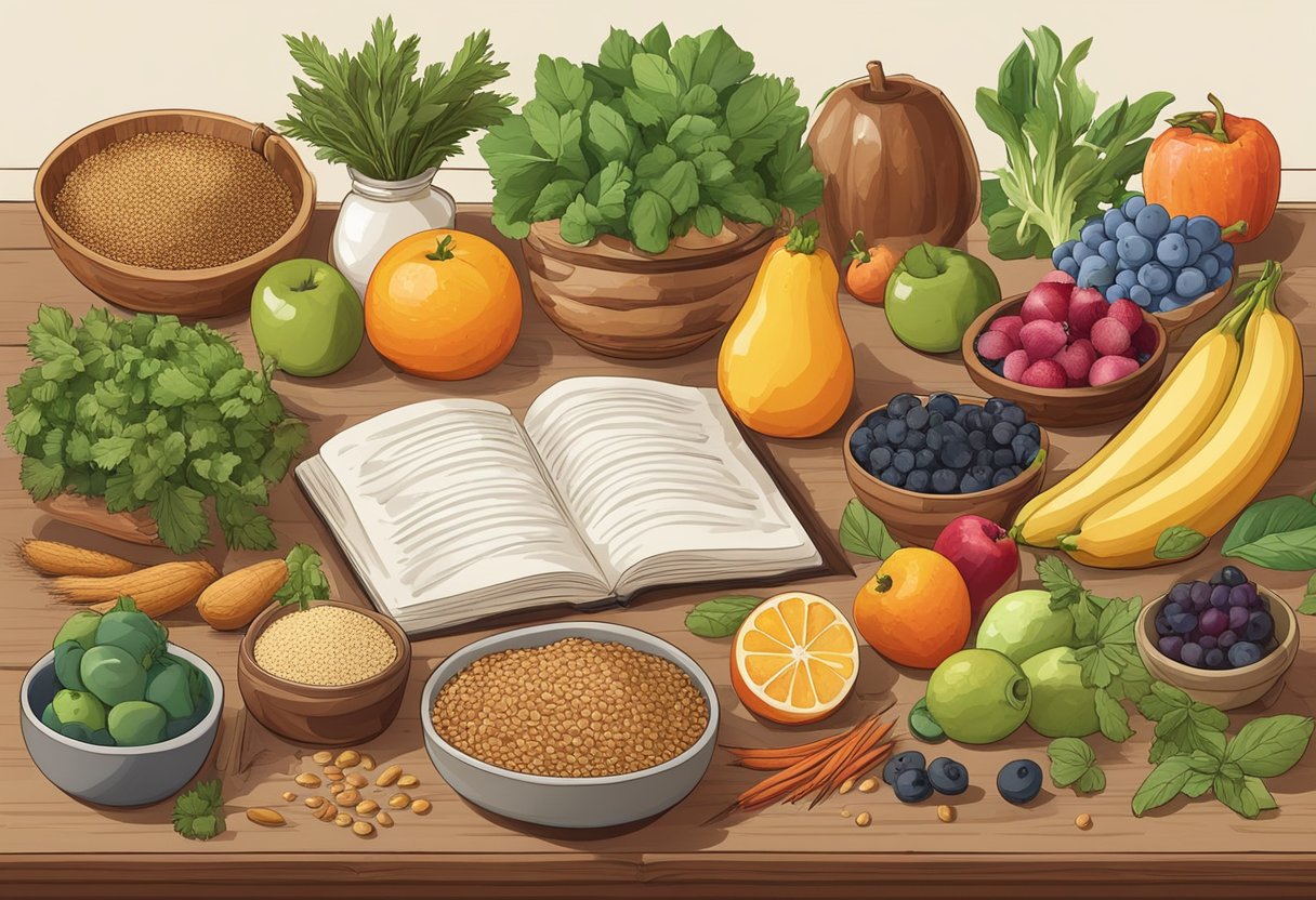 A table filled with colorful fruits, vegetables, and whole grains. A variety of herbs and spices are scattered around, with cookbooks open to healthy recipes