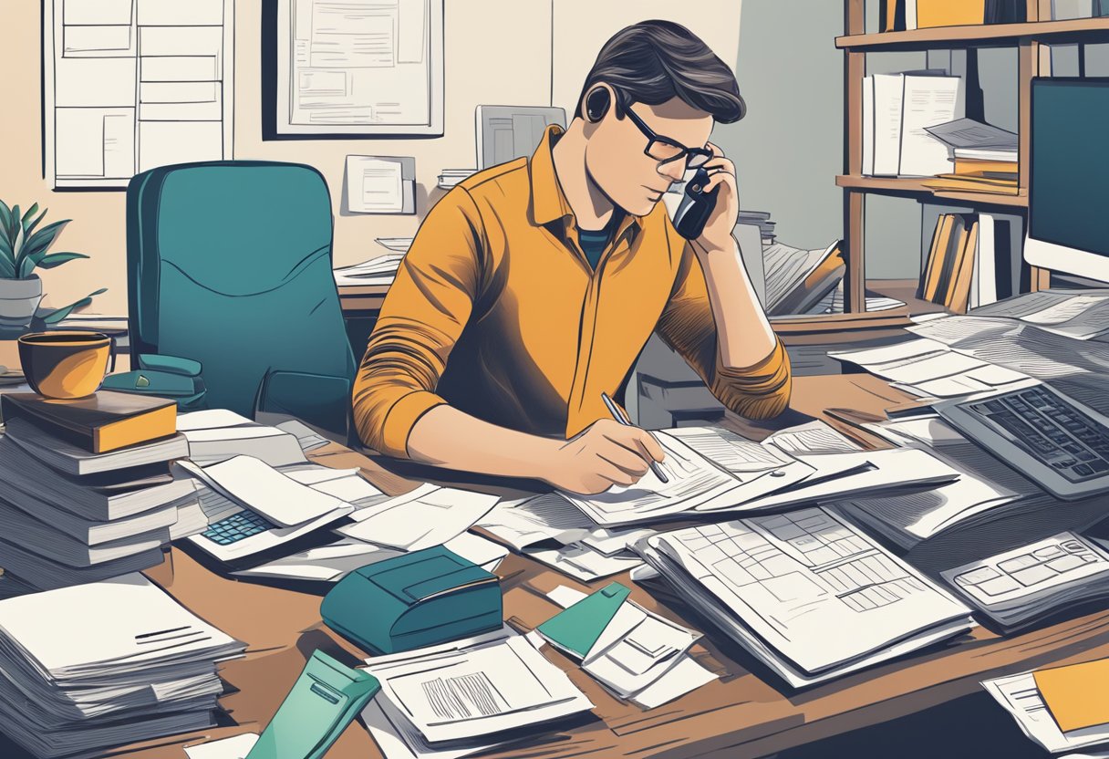 A person sits at a desk, surrounded by paperwork and financial documents. They are on the phone, discussing debt management solutions with a credit counselor
