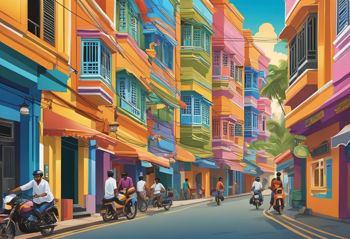 Colorful Tamil movie posters adorn the walls of Little India, Singapore. The aroma of spicy cuisine wafts through the air as the vibrant culture comes to life in the bustling streets
