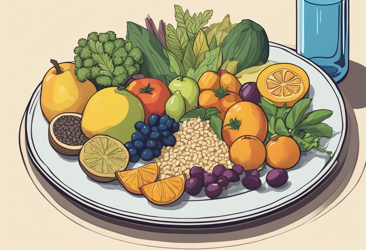 A colorful array of fruits, vegetables, whole grains, and lean proteins arranged on a plate, with a glass of water nearby. A bottle of olive oil and a variety of herbs and spices are also present