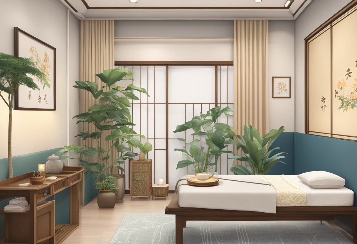 A serene acupuncture clinic in Singapore, with traditional Chinese decor and a calming atmosphere. A licensed practitioner prepares the treatment room with sterile needles and soothing music