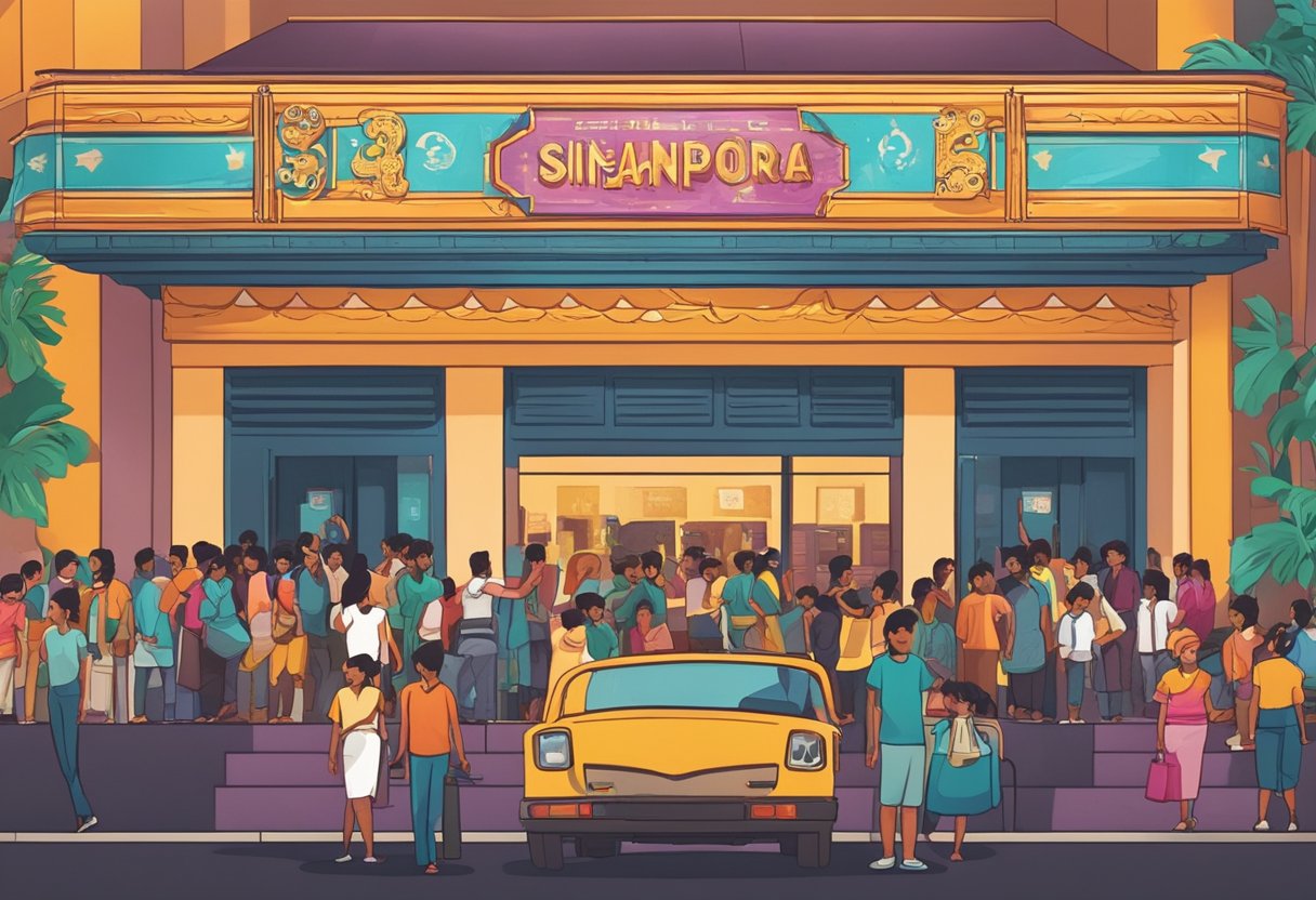 A bustling movie theater in Singapore showcases vibrant Tamil cinema posters and excited moviegoers
