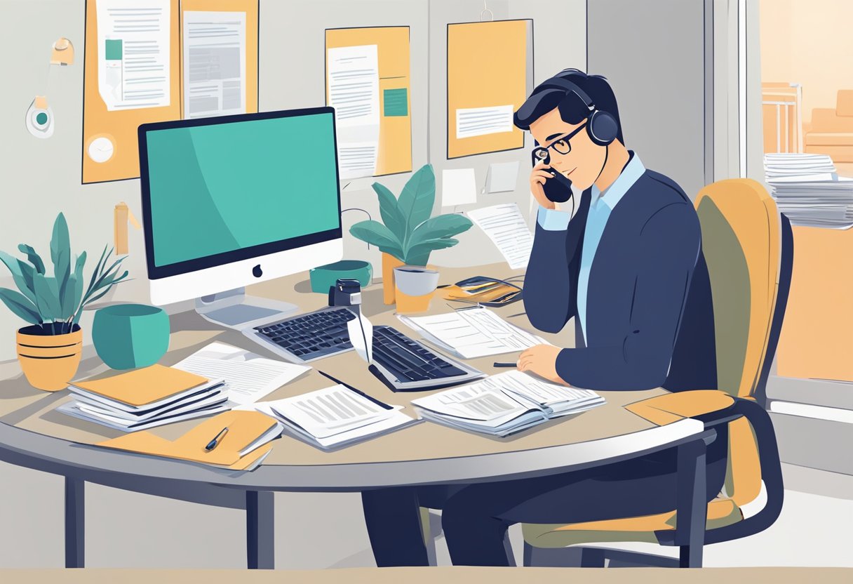 A person sitting at a desk, surrounded by paperwork and a computer, speaking with clients on the phone about credit counselling in Singapore