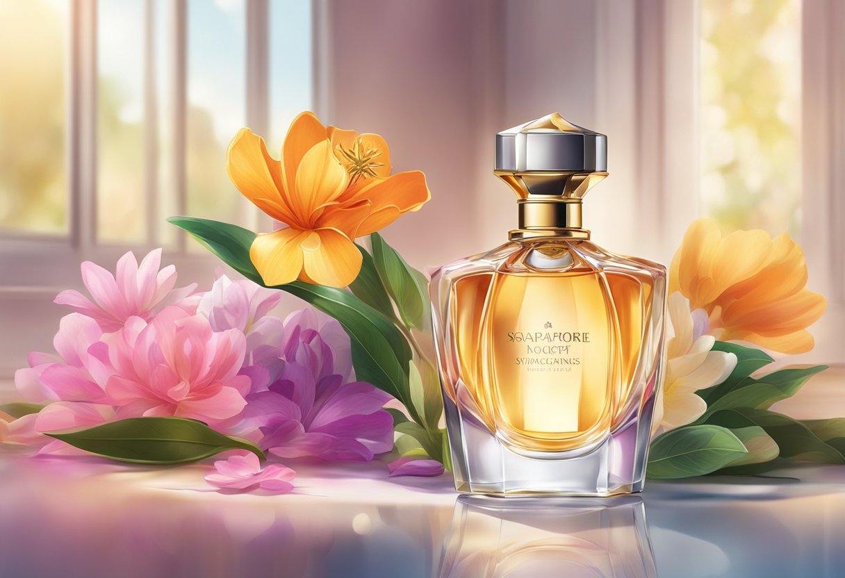A bottle of perfume from Singapore sits on a glass vanity, surrounded by colorful flower petals and exotic spices. The sunlight filters through the window, casting a warm glow on the elegant packaging