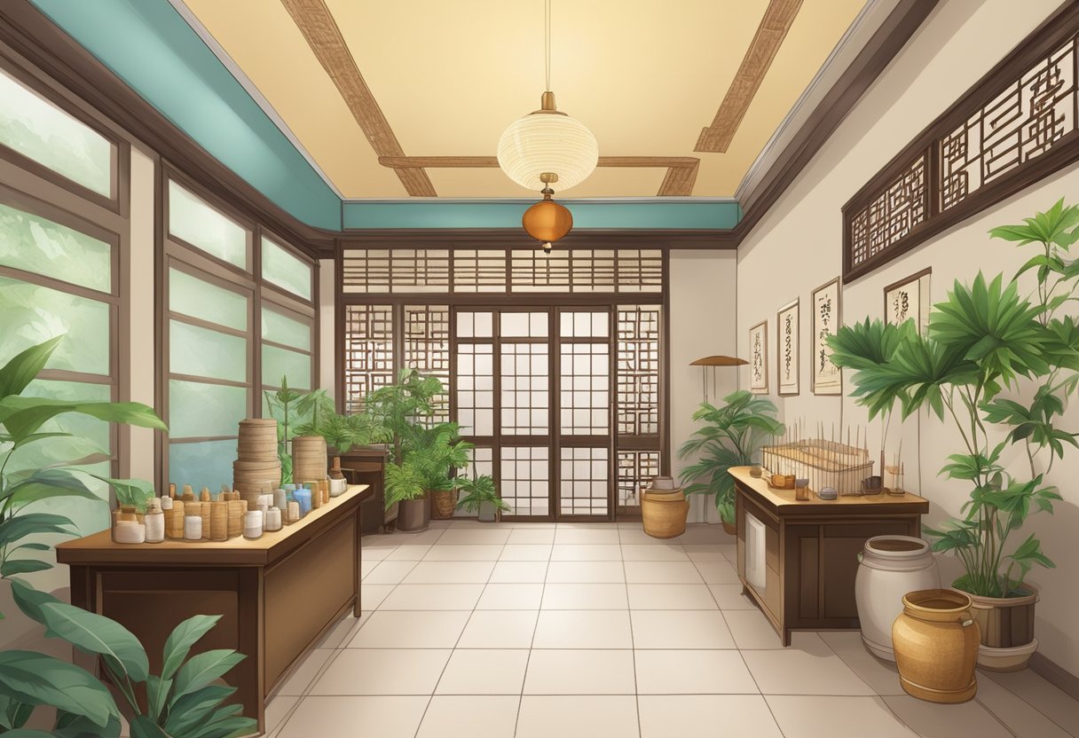 A traditional Chinese medicine clinic in Singapore, with acupuncture needles, herbal remedies, and a serene atmosphere