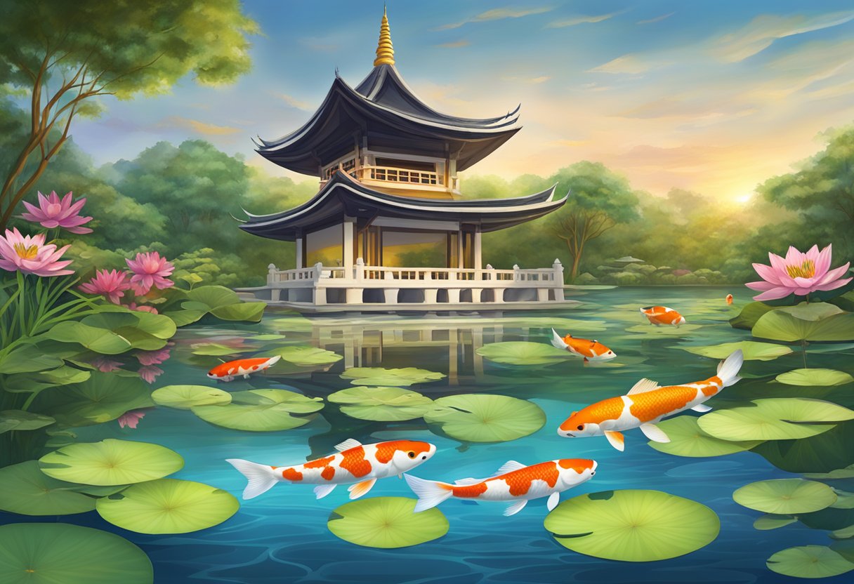 A serene koi pond in Singapore, with vibrant fish swimming among lush water lilies and a traditional pagoda in the background