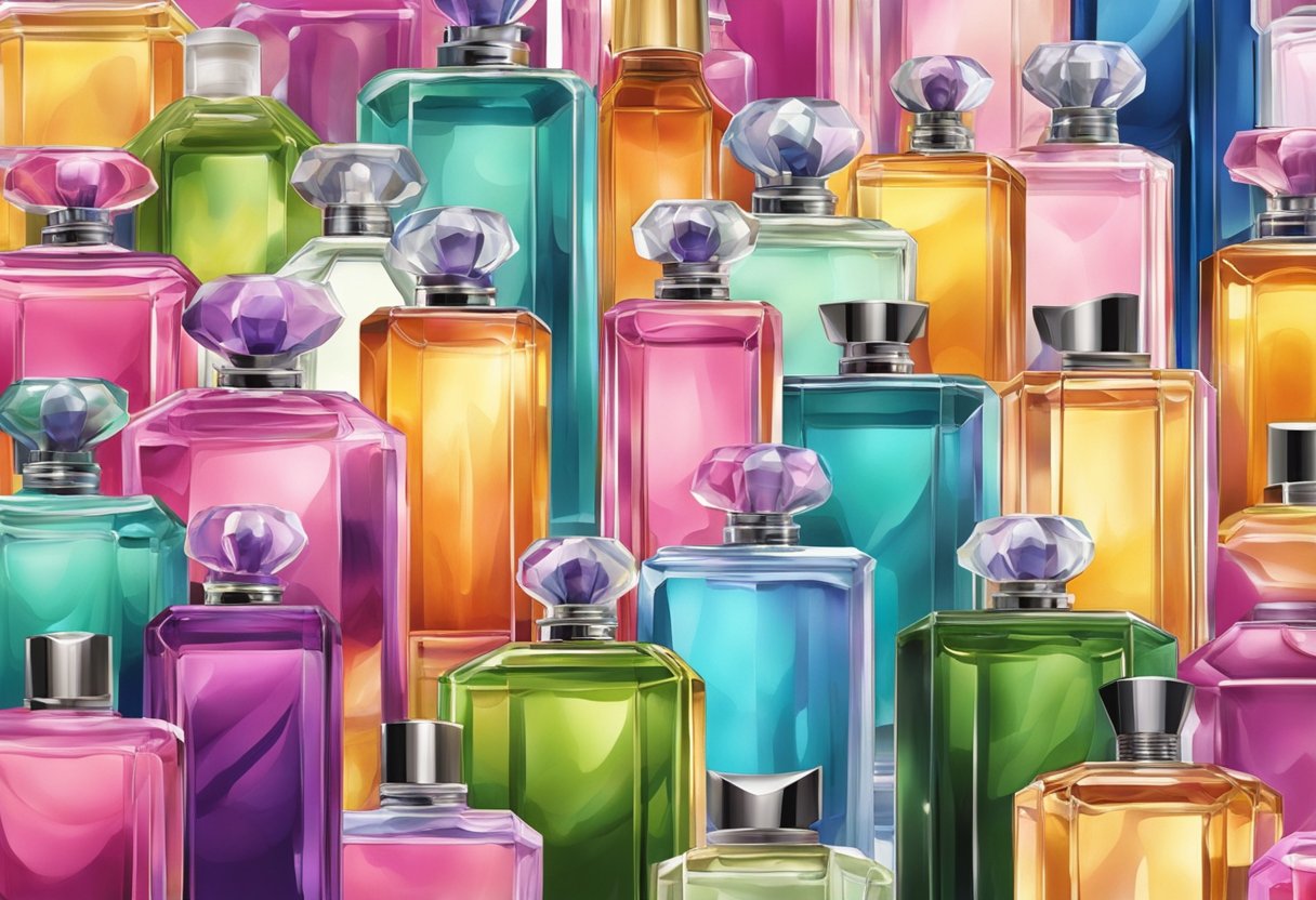 A colorful display of exotic perfume bottles in a bustling Singapore market