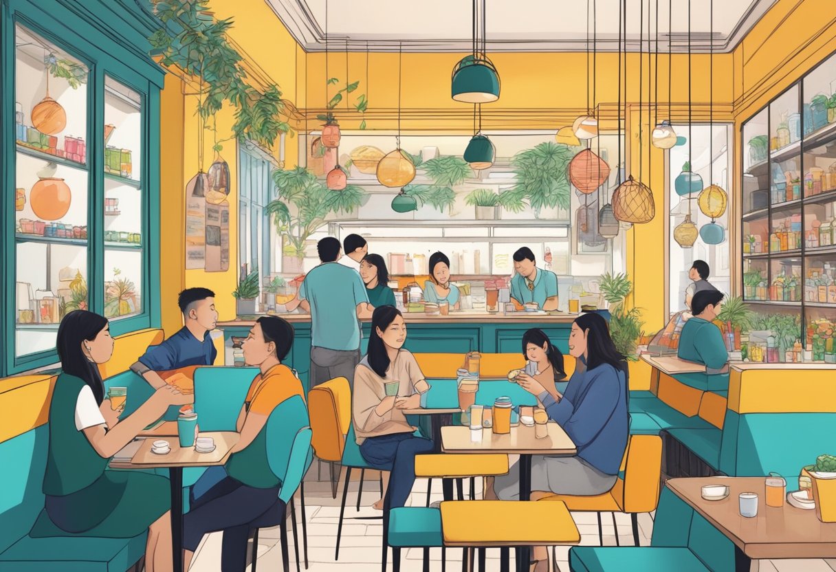 Customers sipping bubble tea at Koi Thé in Singapore, surrounded by vibrant decor and a bustling atmosphere