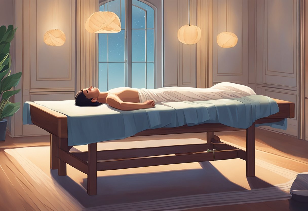 A person lies on a comfortable table in a serene room, surrounded by soft lighting and soothing music. A skilled practitioner carefully inserts thin needles into specific points on the body, creating a sense of relaxation and relief