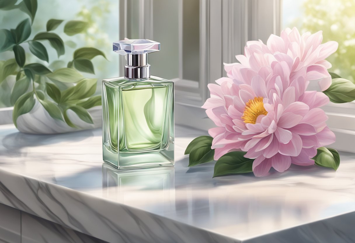 A sleek, modern perfume bottle sits on a marble vanity, surrounded by blooming flowers and lush greenery, with soft natural light streaming in from a nearby window