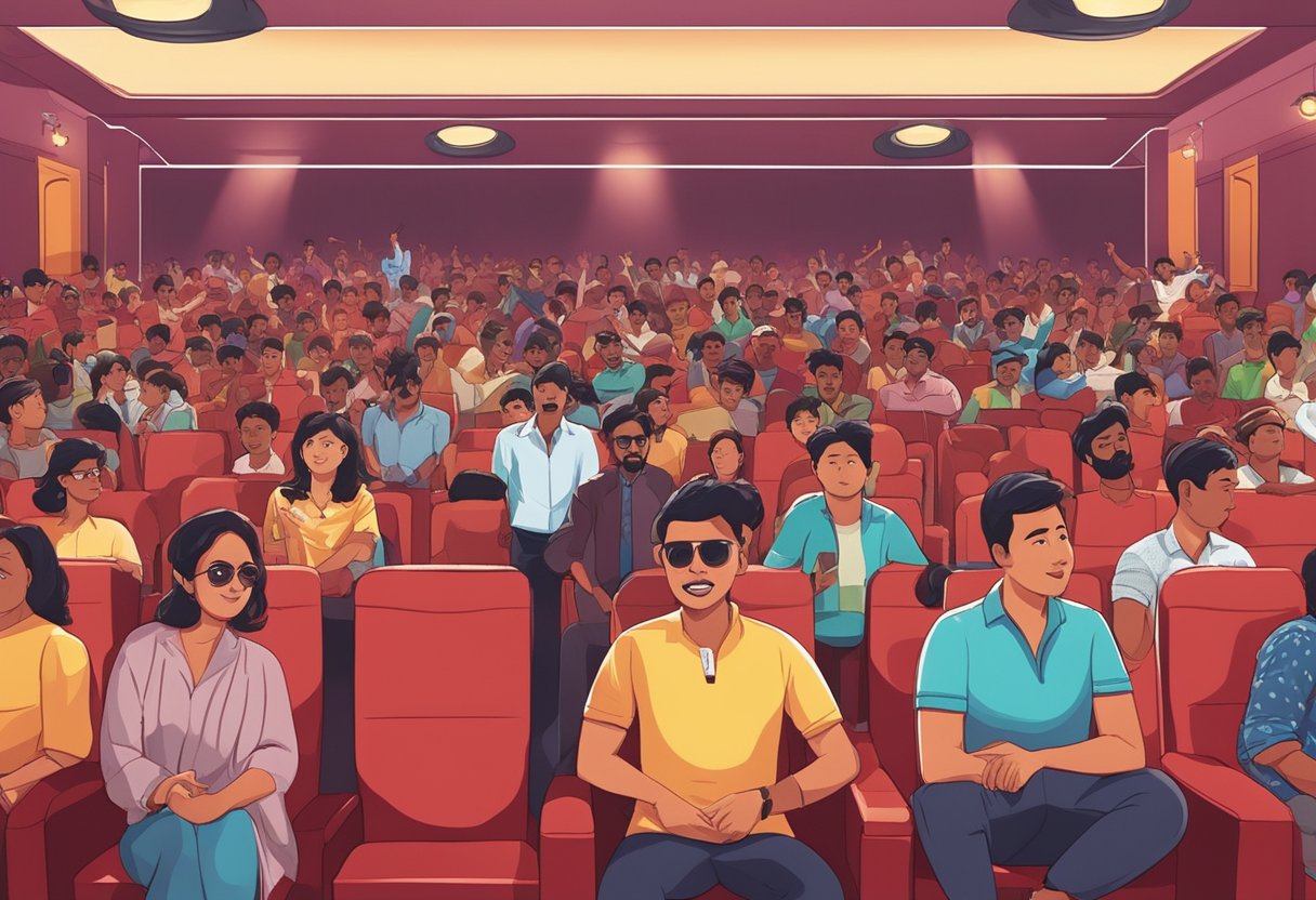A crowded cinema hall in Singapore showing a Tamil movie, with colorful posters and excited audience