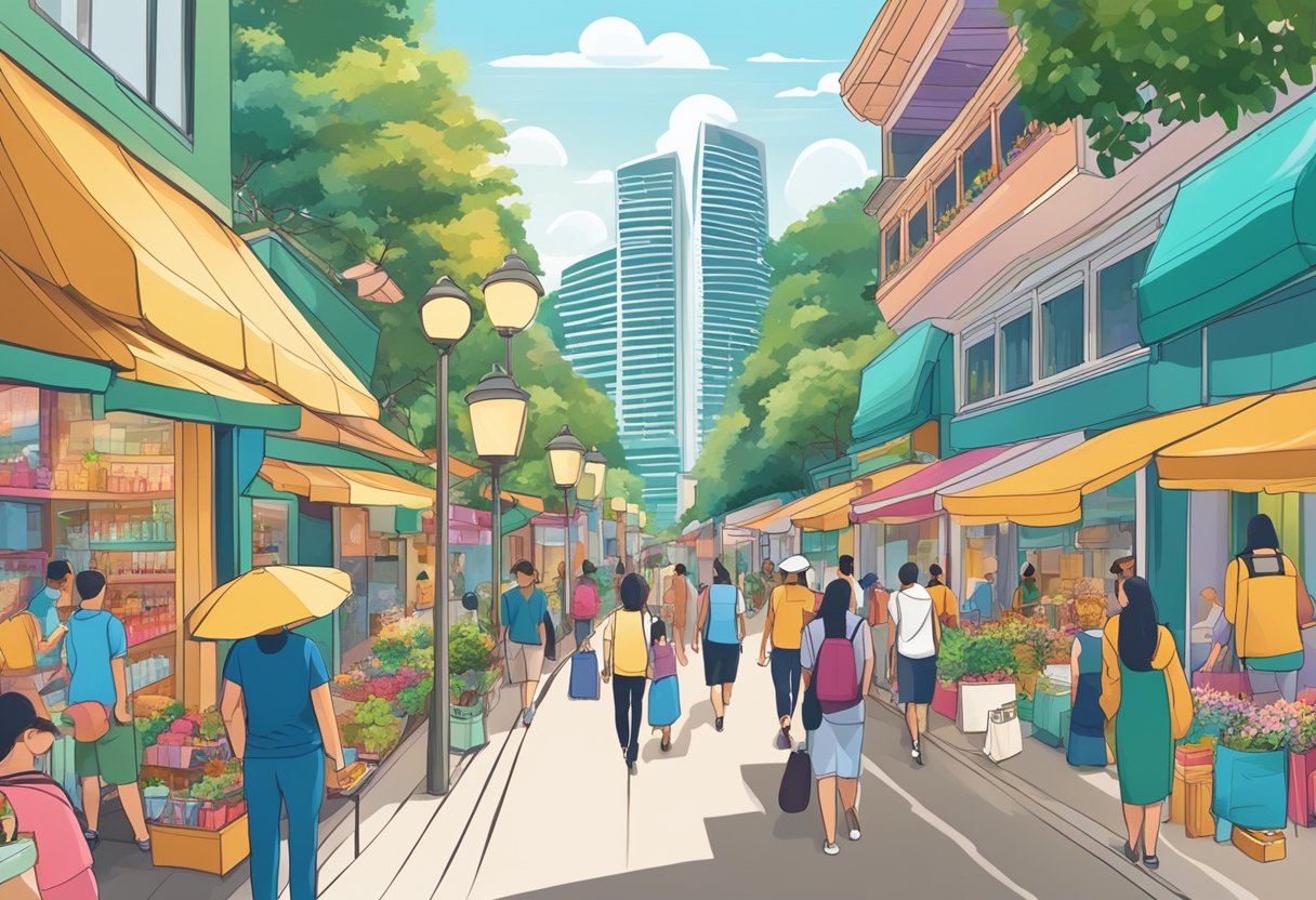 Busy streets lined with colorful shops and bustling with shoppers. Iconic landmarks like Marina Bay Sands and Gardens by the Bay in the backdrop
