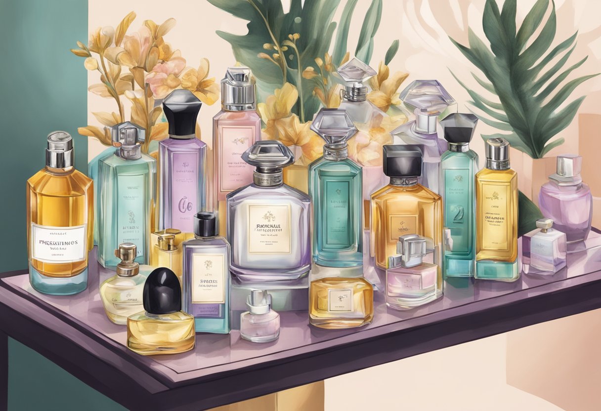 A table with various perfume bottles and a sign reading "Frequently Asked Questions perfume singapore" displayed prominently