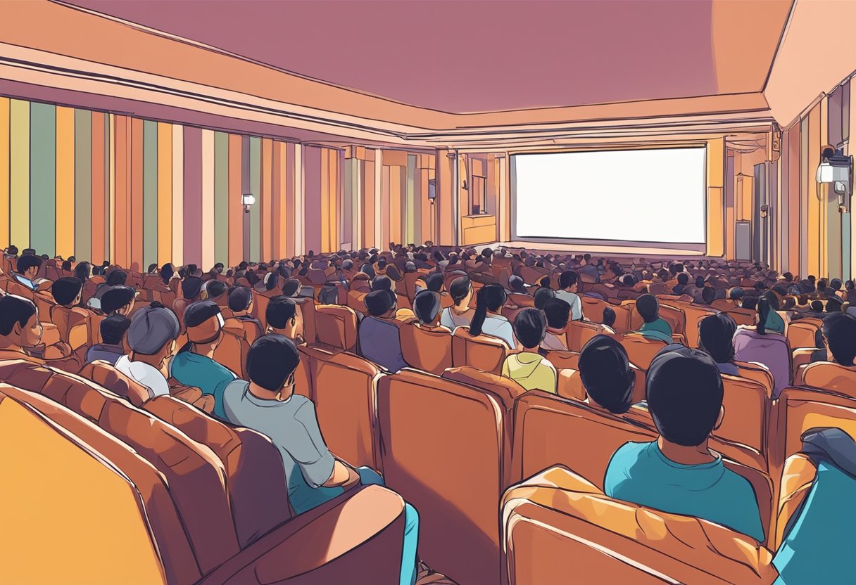 People in a theater watching Tamil movies in Singapore. Popcorn, soda, and a big screen