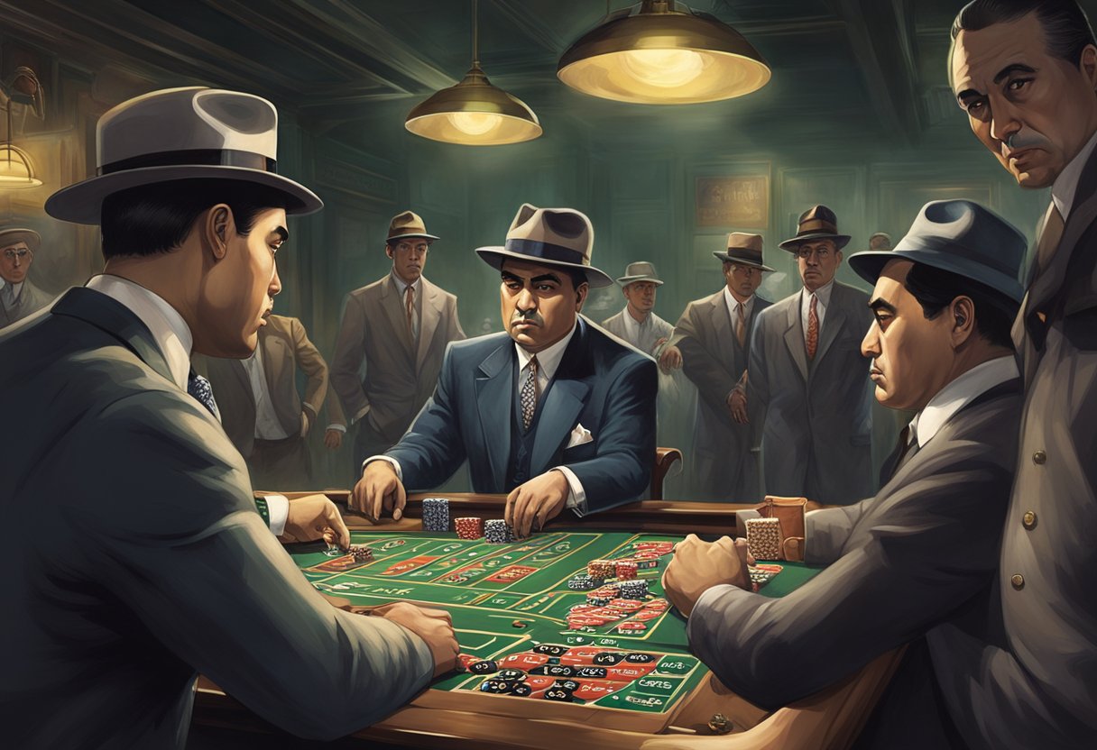 Al Capone's criminal empire in Singapore: a dimly lit underground gambling den, filled with smoke and tension, as his henchmen keep a watchful eye on the high-stakes games