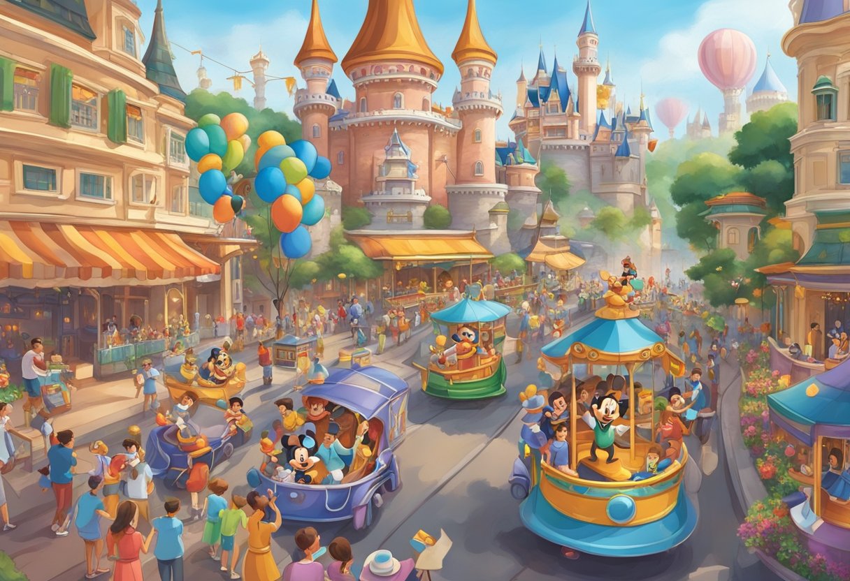 Colorful rides and attractions fill the bustling Disneyland Singapore, with a majestic castle at the center and a lively parade winding through the streets
