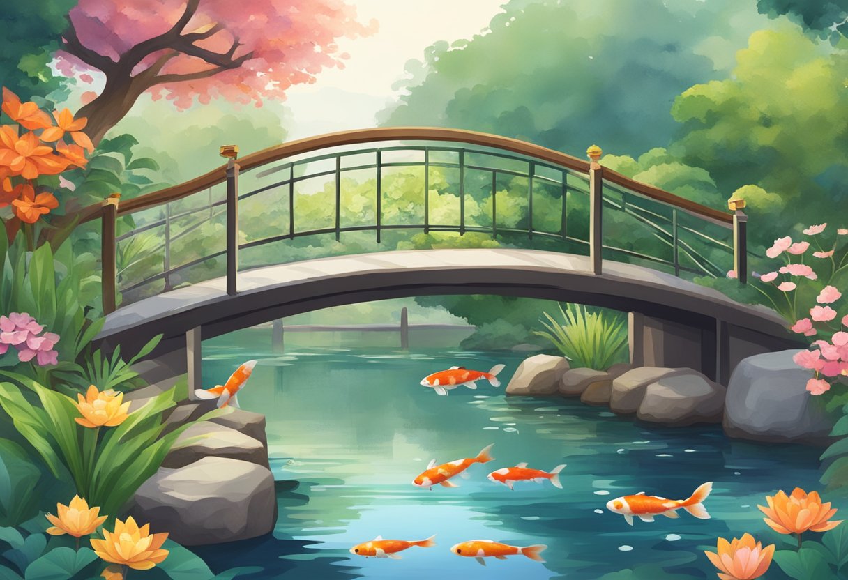 A colorful koi pond with a bridge, lush greenery, and a sign reading "Frequently Asked Questions koi singapore."