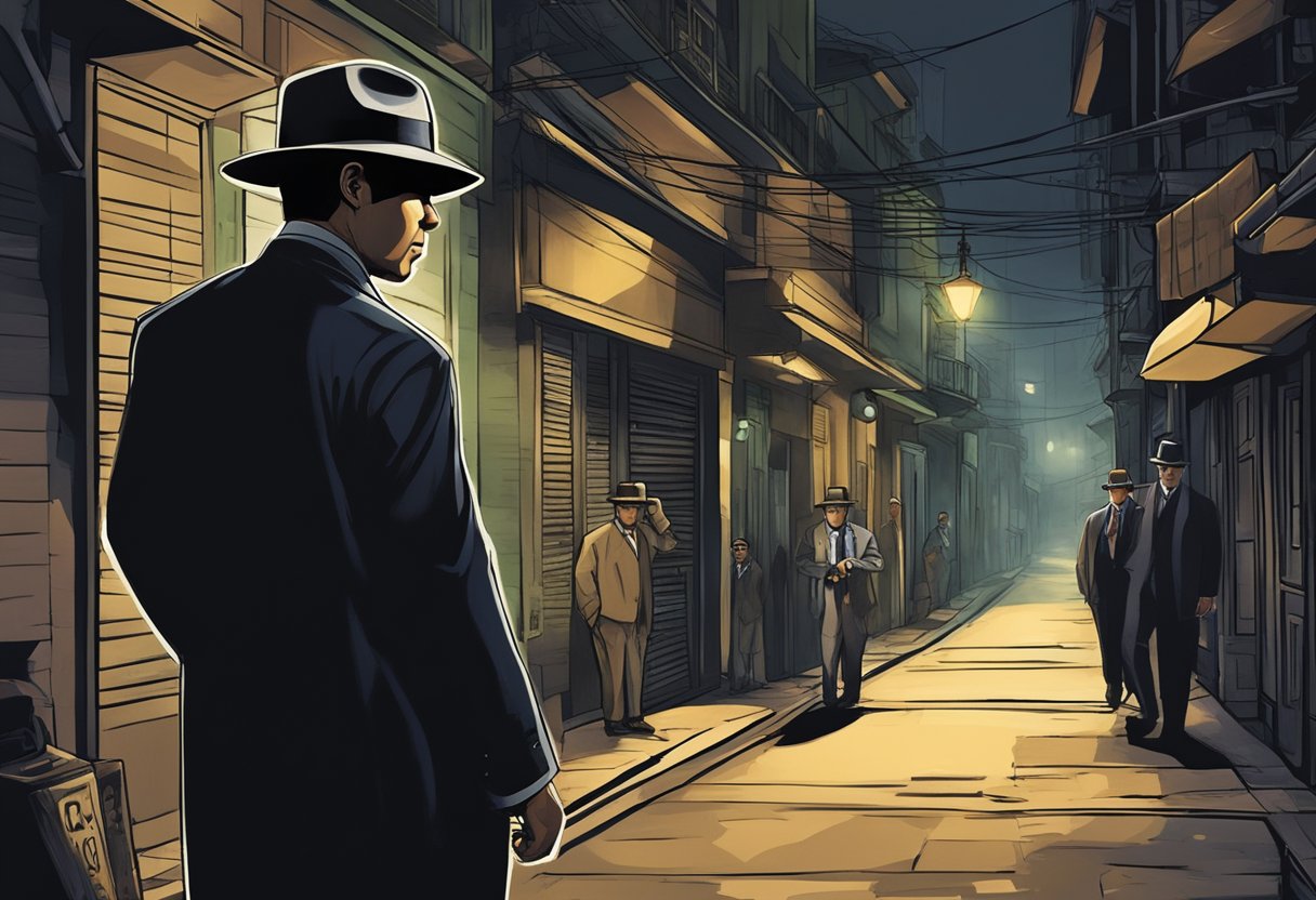 Al Capone's influence in Singapore: a shadowy figure in a fedora overseeing a network of illicit activities in a dimly lit alleyway