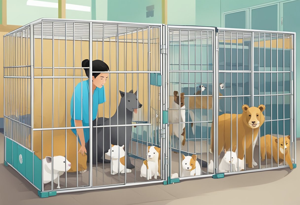 Animals in cages at a Singapore adoption center, with happy families interacting with them