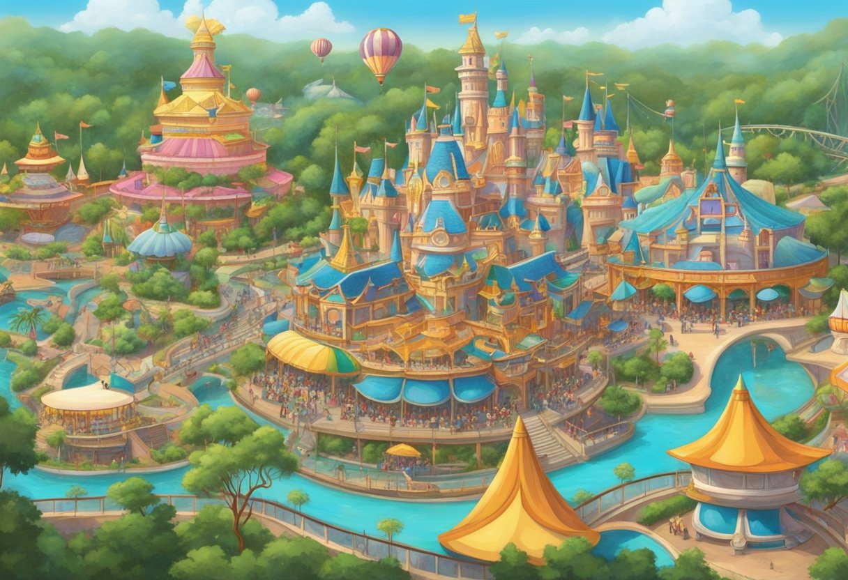 Thrilling rides and enchanting attractions fill the vibrant landscape of Disneyland Singapore, with colorful carousels and towering roller coasters drawing in crowds of eager visitors
