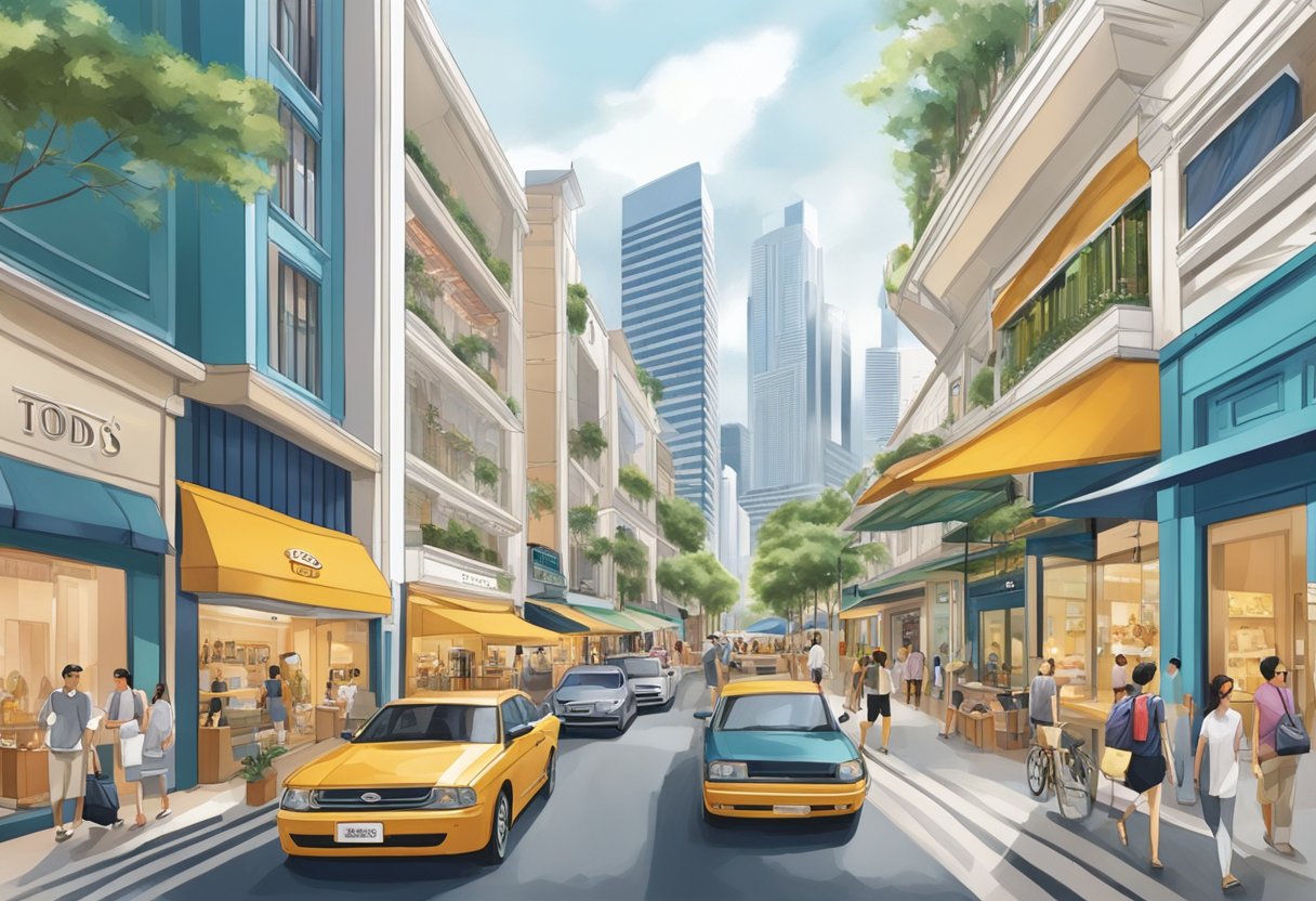 The bustling streets of Tod's Singapore, with modern architecture and vibrant storefronts, surrounded by a mix of locals and tourists
