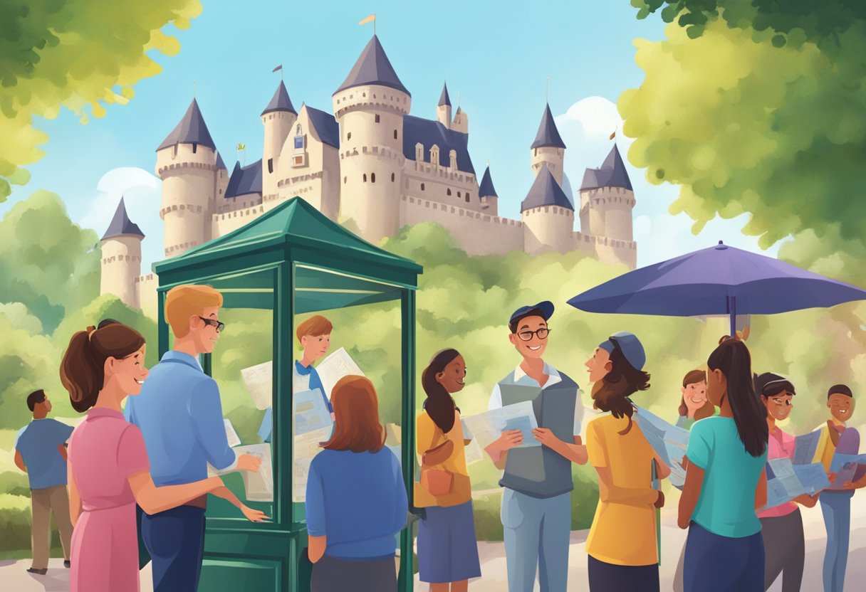 Guests line up at the information booth, reading signs and maps. A cheerful staff member answers questions. The iconic castle looms in the background