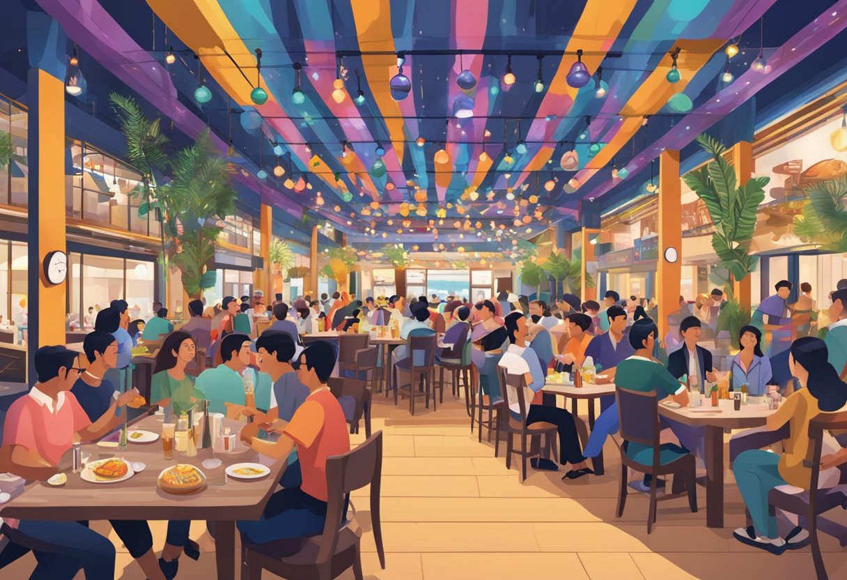 A bustling dining and entertainment venue in Singapore, with lively music, vibrant decor, and a diverse crowd enjoying food and drinks