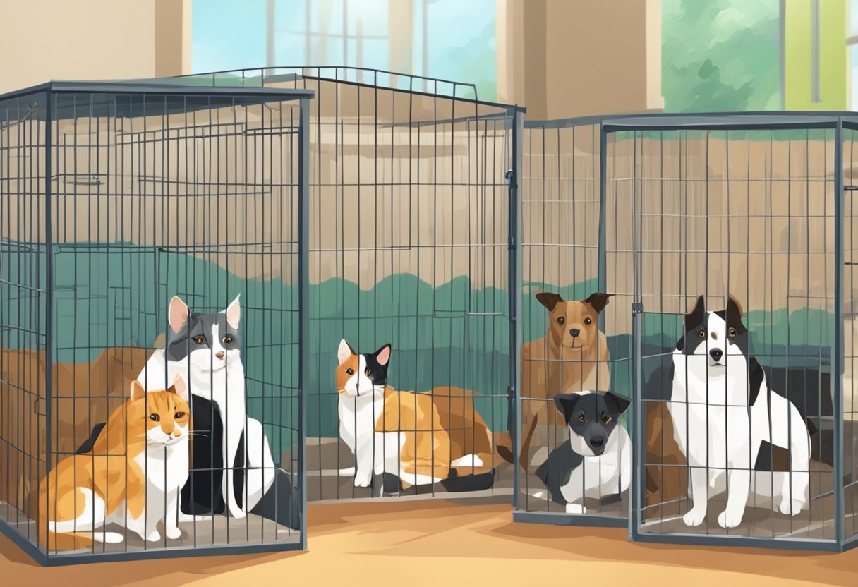 Animals in shelters, waiting for adoption. Volunteers caring for them. Happy families adopting pets