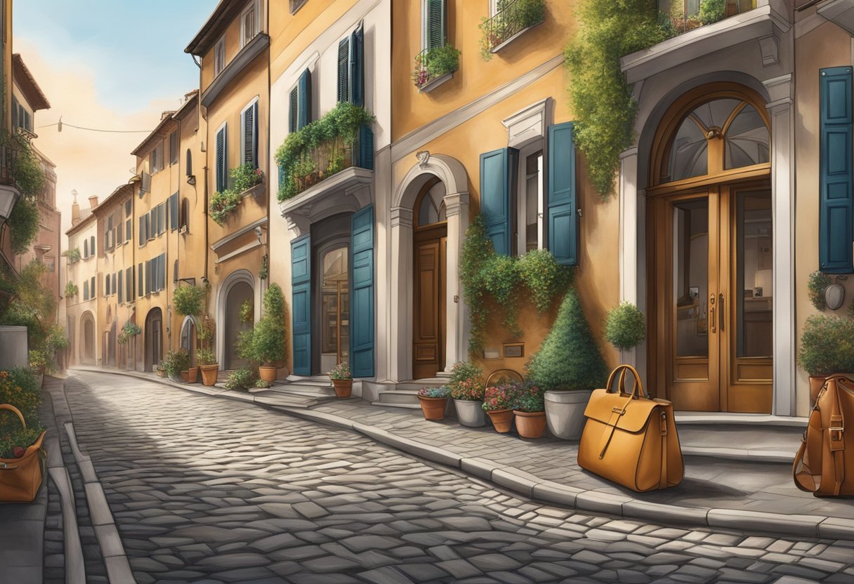 A cobblestone street lined with traditional Italian buildings, showcasing Tod's iconic leather goods and artisan craftsmanship