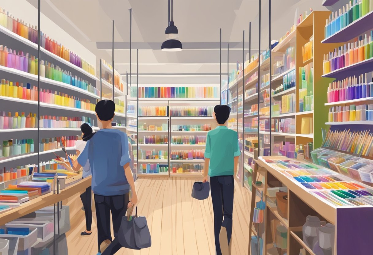 An art store in Singapore bustling with customers browsing through colorful paint tubes and sketchbooks. Shelves lined with brushes and canvases, while the air is filled with the scent of creativity