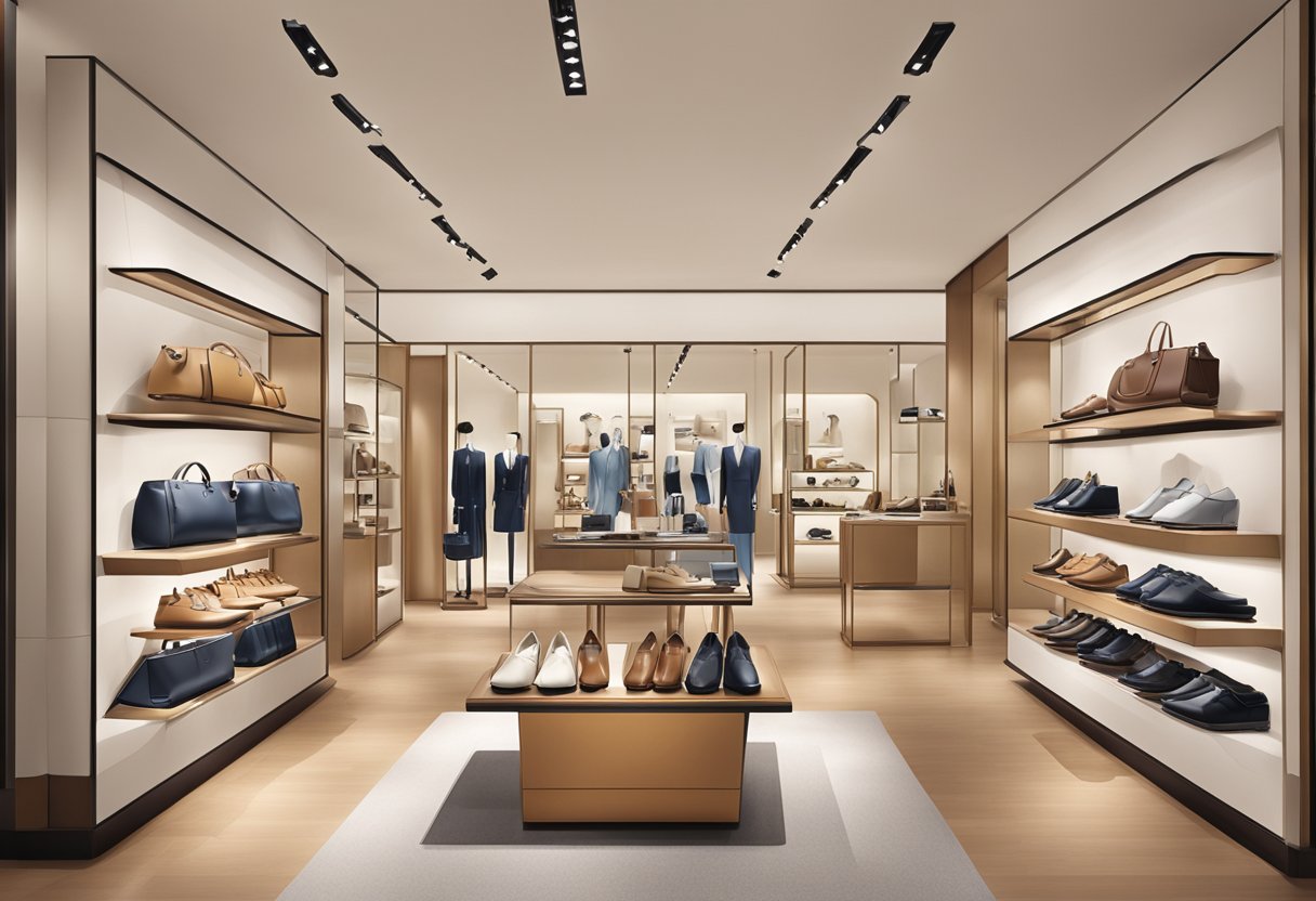 A display of Tod's products in a sleek and modern Singapore store, featuring leather shoes, handbags, and accessories