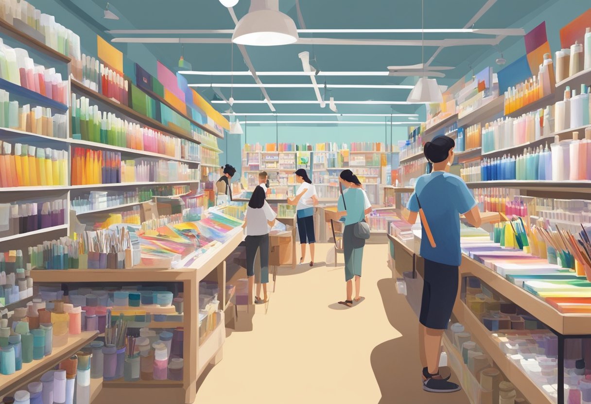 A bustling art store in Singapore, filled with vibrant canvases, colorful paint tubes, and shelves of art supplies. Customers browse through aisles of brushes and sketchbooks, while the scent of fresh paper and paint fills the air
