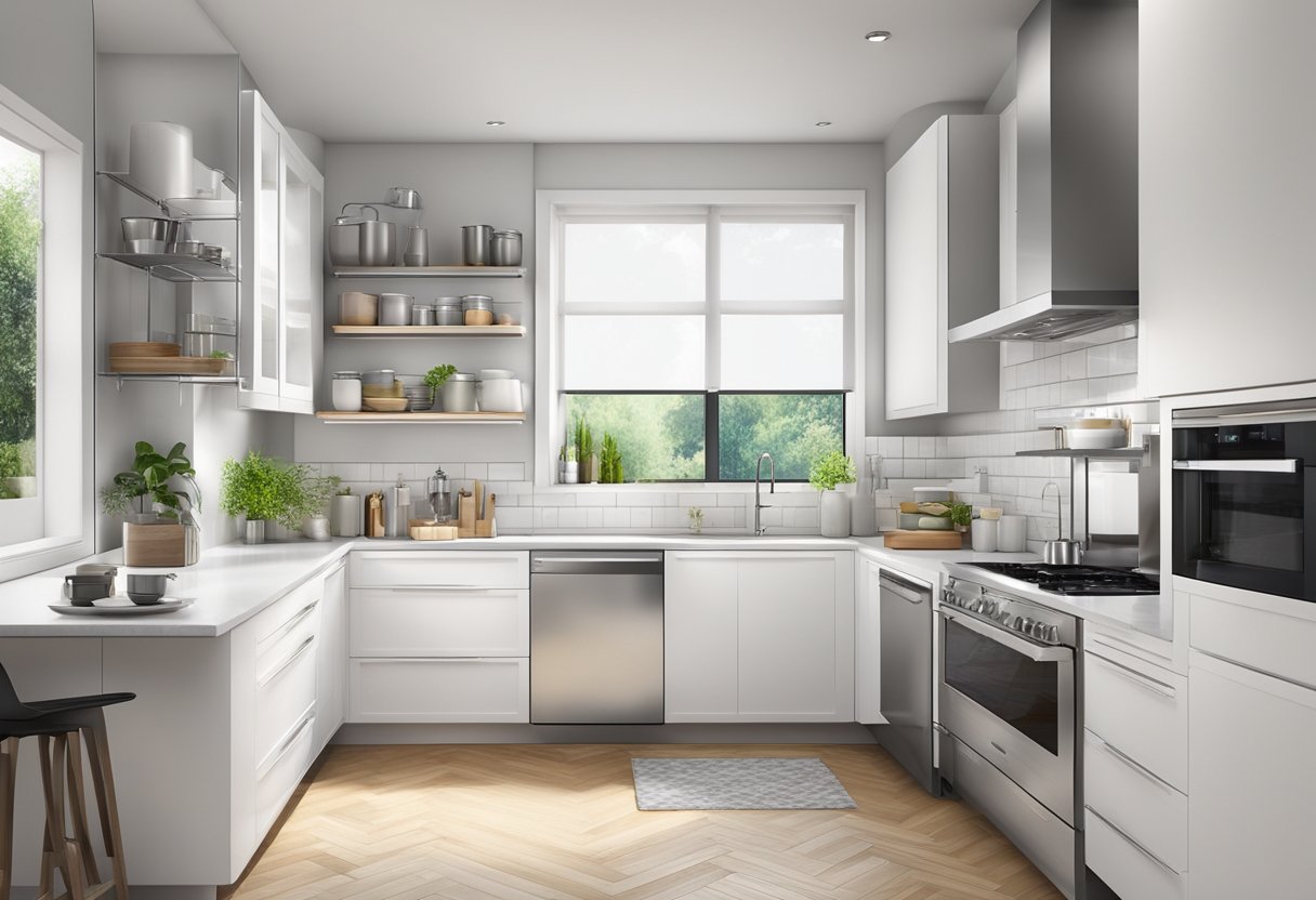 A modern kitchen with sleek white cabinets and stainless steel appliances. The cabinets are neatly organized with various kitchenware and utensils