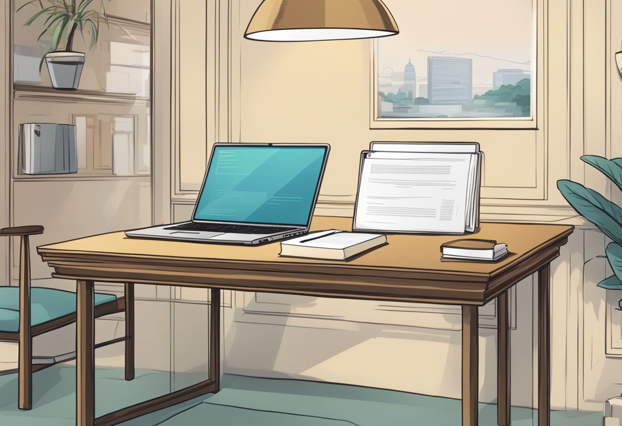A table with a laptop, pen, and paper. A sign with "Frequently Asked Questions tod's singapore" on the wall
