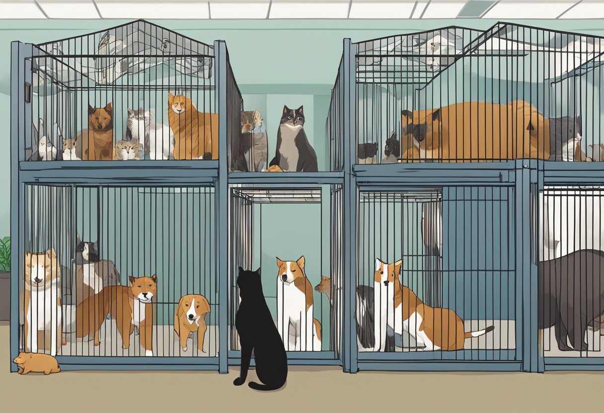 Animals waiting in cages at an adoption center, with people browsing and asking questions