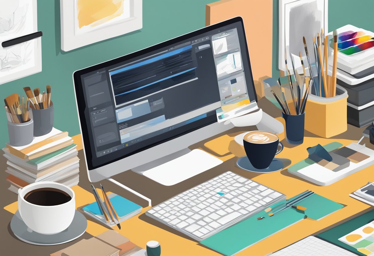 A computer screen displaying a variety of art supplies such as paint, brushes, and canvases. A credit card and a cup of coffee sit nearby