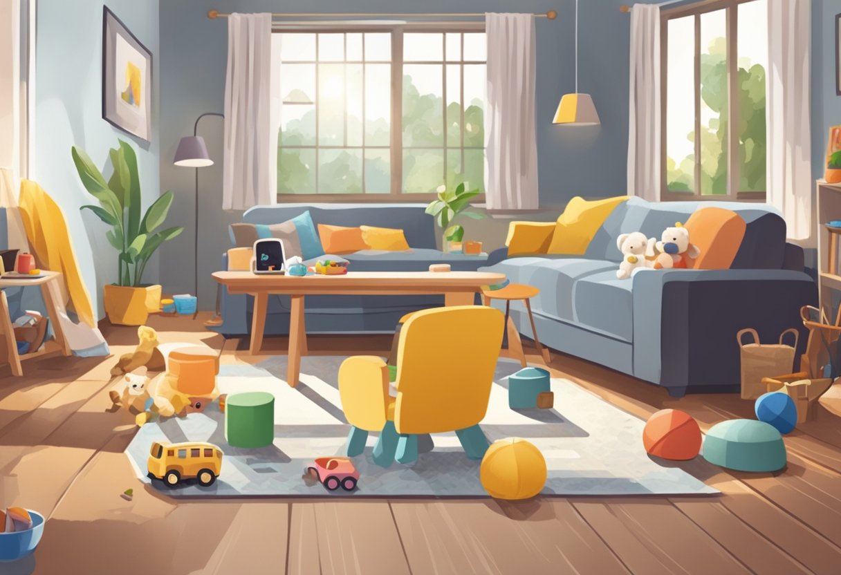 A cozy living room with toys scattered on the floor, a high chair at the dining table, and a baby monitor on the coffee table