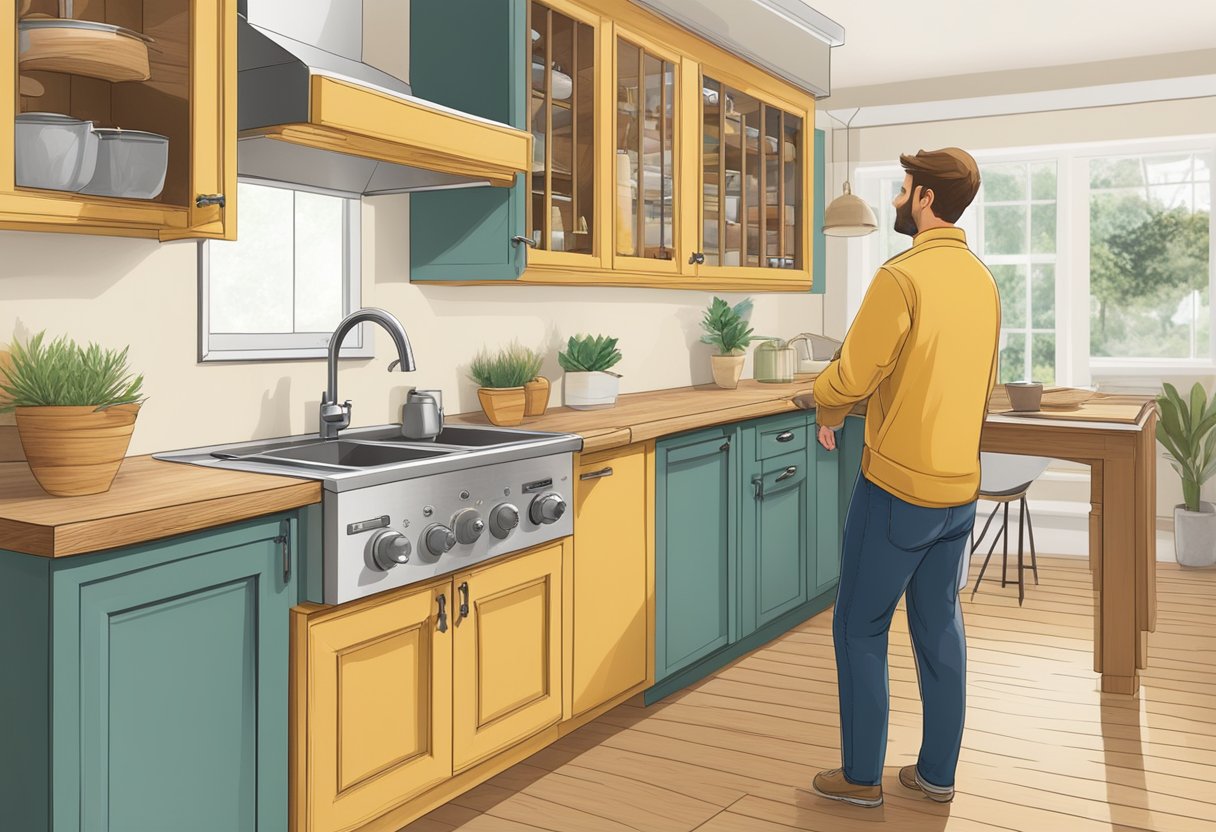 A person browsing through different types of wood, laminate, and hardware options for kitchen cabinets