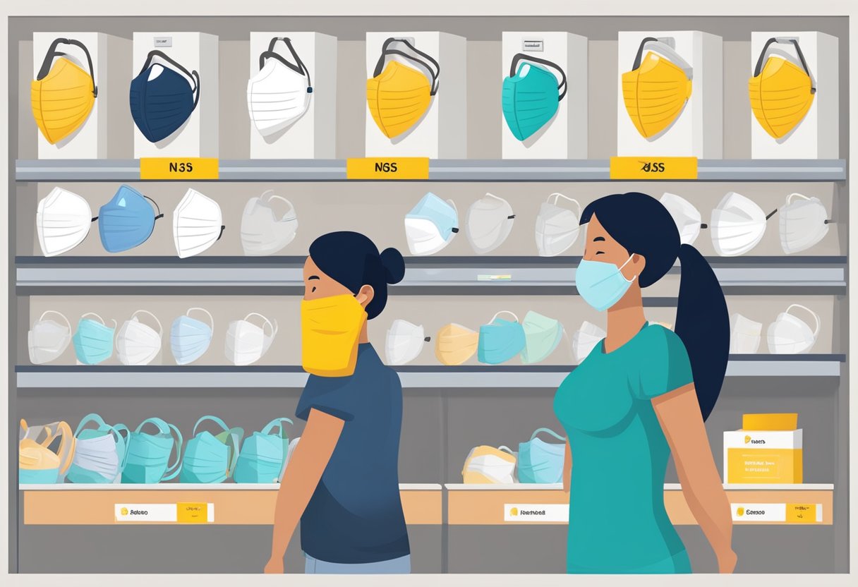 Various N95 masks displayed on shelves, with different designs and labels. A customer comparing and selecting from the wide range of options