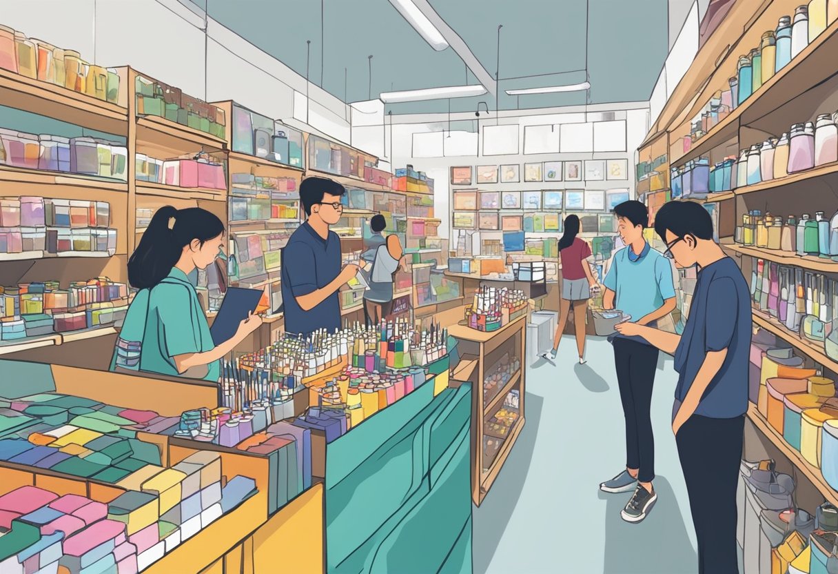An art store in Singapore bustling with customers browsing supplies and asking staff questions. Shelves are stocked with paints, brushes, and canvases