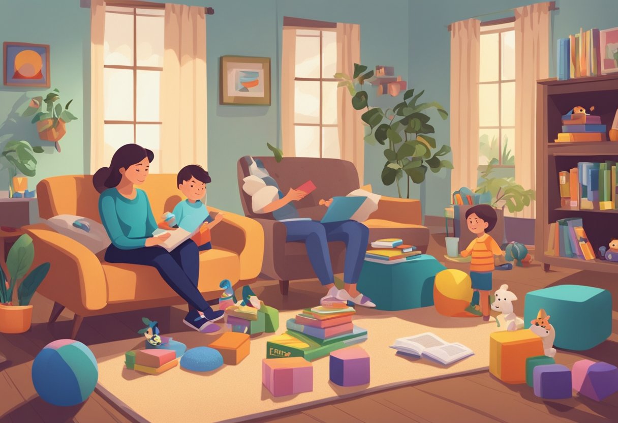A parent interviews a potential babysitter in a cozy living room, surrounded by toys and children's books