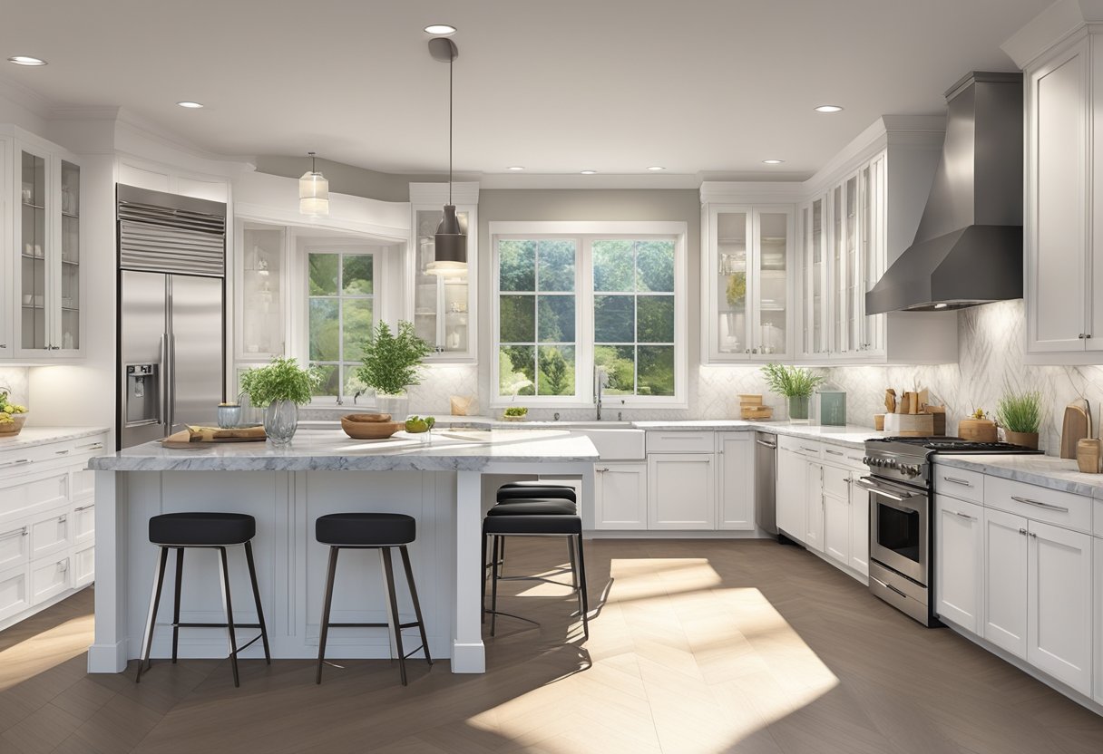 A spacious, modern kitchen with sleek, white cabinets, quartz countertops, and stainless steel appliances. A large island with a built-in sink and ample storage completes the functional yet stylish space